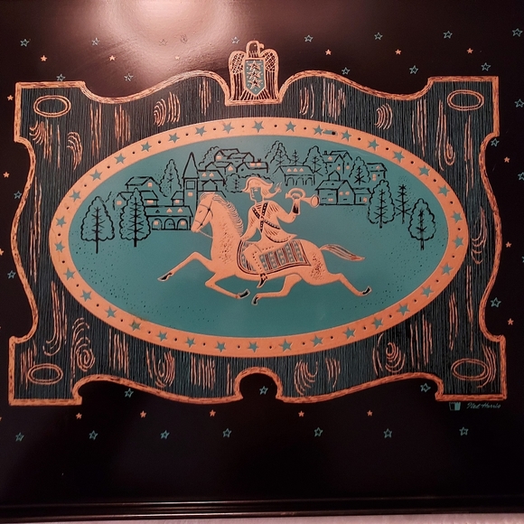 VTG 20" x 13" Black Metal Serving Tray w/ Artist Ned Harris's Paul Revere's Ride - Picture 2 of 7